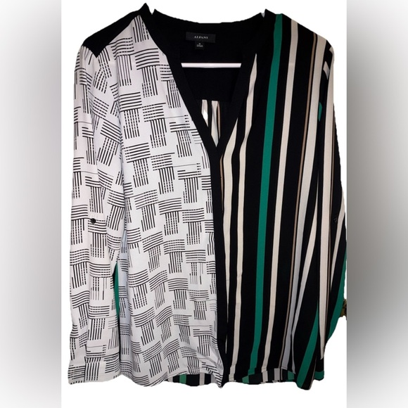 Alfani Mixed-Print Blouse – Black, White, Teal & Tan – Size M - Picture 1 of 2